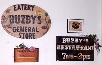 Old Buzby signs adorn the walls of the New Buzby's Cafe, located on Route 563 & 532 in Chatsworth, NJ - the "hearto of the Pines"
