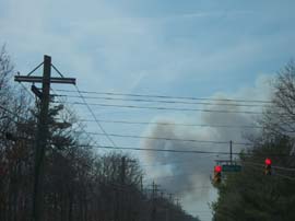 Forest fire in the NJ Pine Barrens April 19, 2008: This photo was taken at the intersection of Mirage Blvd. and West Bay Ave. in Barnegat, with smoke in the distance. Click for larger image